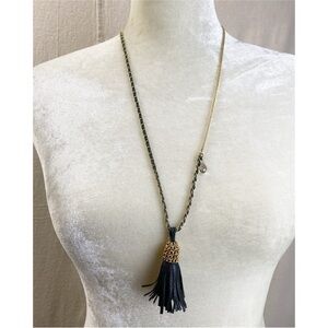 Banana Republic black leather tassel gold chain necklace